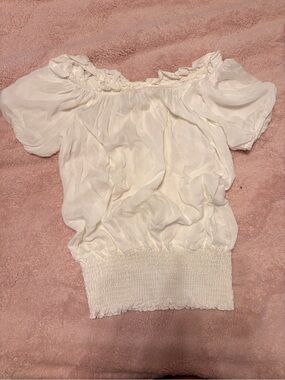 White Off-Shoulder Ruffle Blouse with Smocked Hem